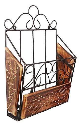 Wooden And Wrought Iron Magazine Holder | Newspaper Holder | Book Wall Rack | Vertical File Storage Holder