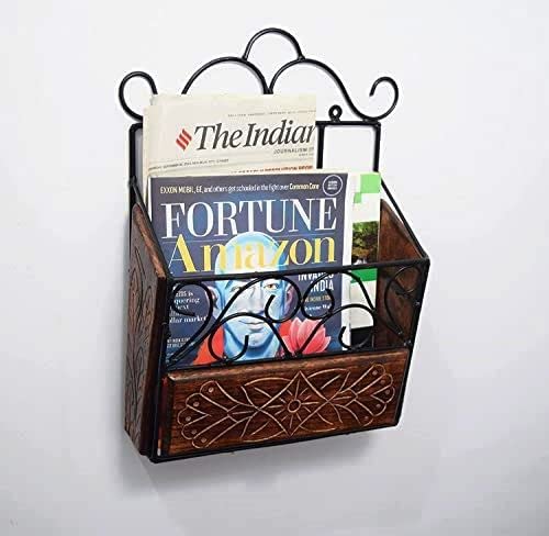 Wooden And Wrought Iron Magazine Holder | Newspaper Holder | Book Wall Rack | Vertical File Storage Holder