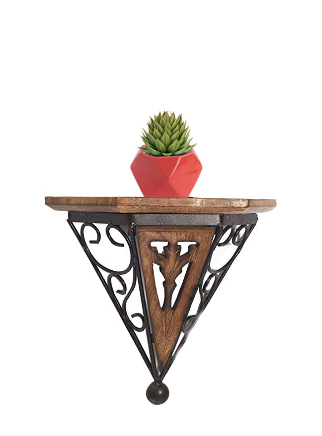 Iron & Wooden Fancy Wall Bracket Shelf / Plant Stand / Bracket Rack for Home & Living Room (10.5 X 10 X 4 inch)