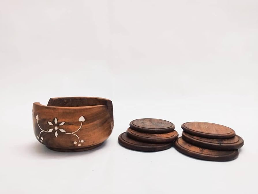 Handmade Wooden Coasters Set Gift Item Lotus Design Decorative Round Wood Holder (Pack of 6) (Sheesham) Size- 3.5*3.5*2 inch