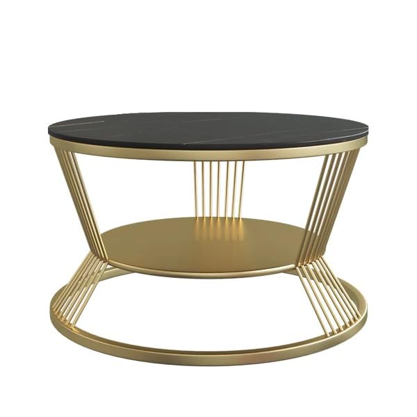 Coffee Table 2-Tier Round Coffee Table with Open Storage Shelf for Living Room Wooden Tabletop Metal Frame