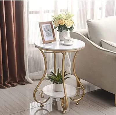 End Table with Round Side and End for Small Spaces, Coffee Snack Table with Metal Frame for Living Room and Bedroom-White Gold