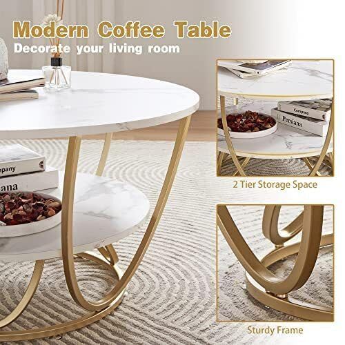 Coffee Table | Centre Table | Living Room Table Round Table 2 White Top Gold Frame