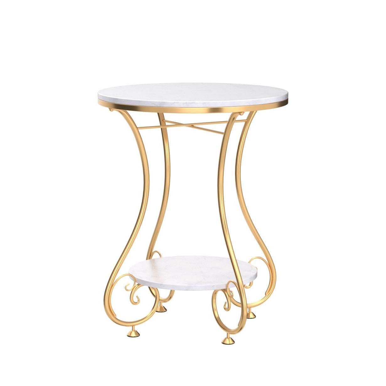 End Table with Round Side and End for Small Spaces, Coffee Snack Table with Metal Frame for Living Room and Bedroom-White Gold