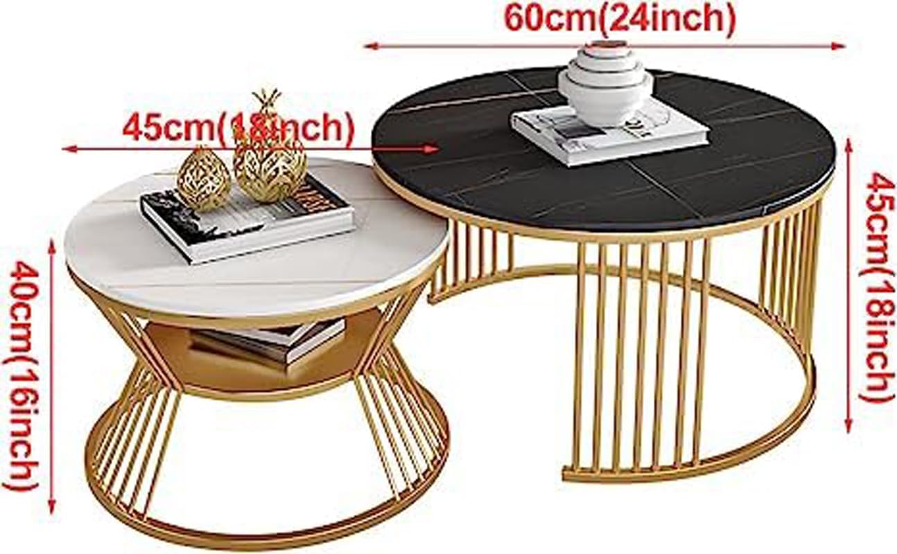 Modern Nesting Table Set -Marble Design Wooden Top with Gold Metal Frame