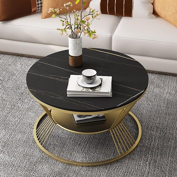 Coffee Table 2-Tier Round Coffee Table with Open Storage Shelf for Living Room Wooden Tabletop Metal Frame