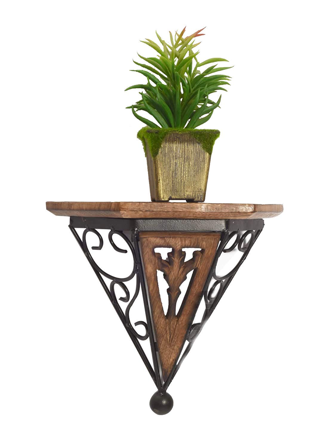 Iron & Wooden Fancy Wall Bracket Shelf / Plant Stand / Bracket Rack for Home & Living Room (10.5 X 10 X 4 inch)