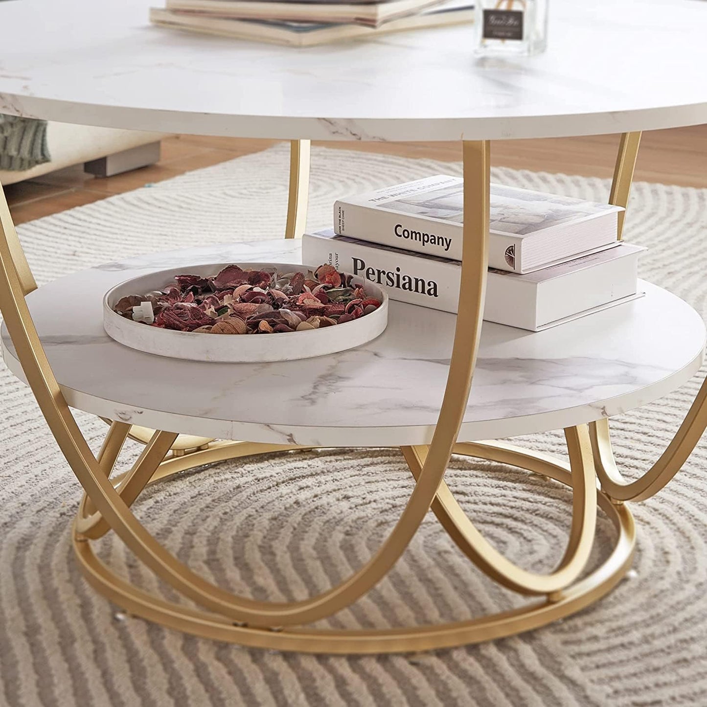 Coffee Table | Centre Table | Living Room Table Round Table 2 White Top Gold Frame