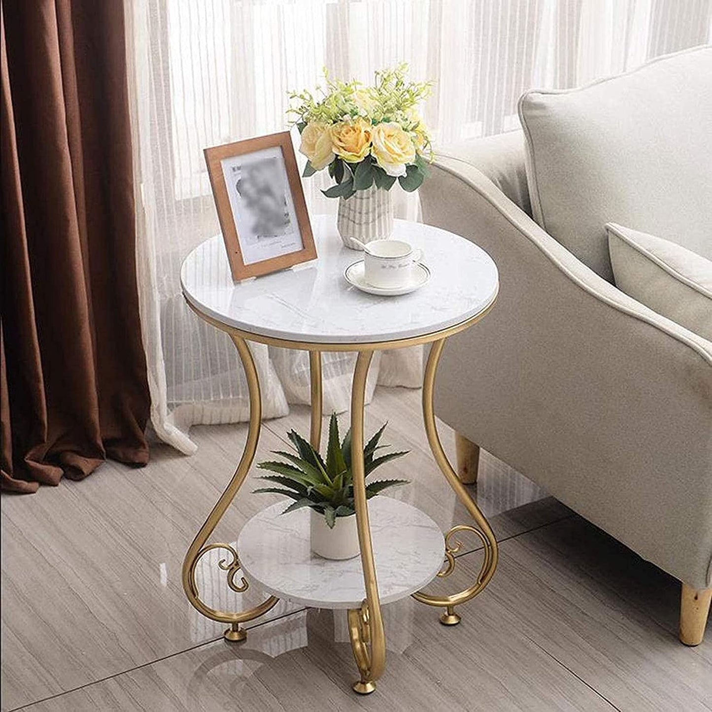 End Table with Round Side and End for Small Spaces, Coffee Snack Table with Metal Frame for Living Room and Bedroom-White Gold