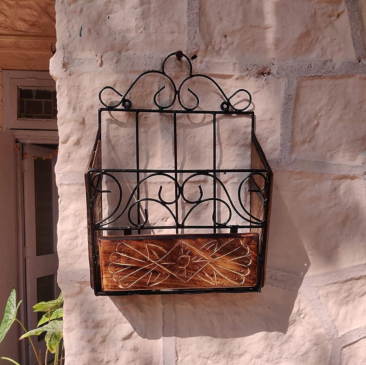 Wooden And Wrought Iron Magazine Holder | Newspaper Holder | Book Wall Rack | Vertical File Storage Holder