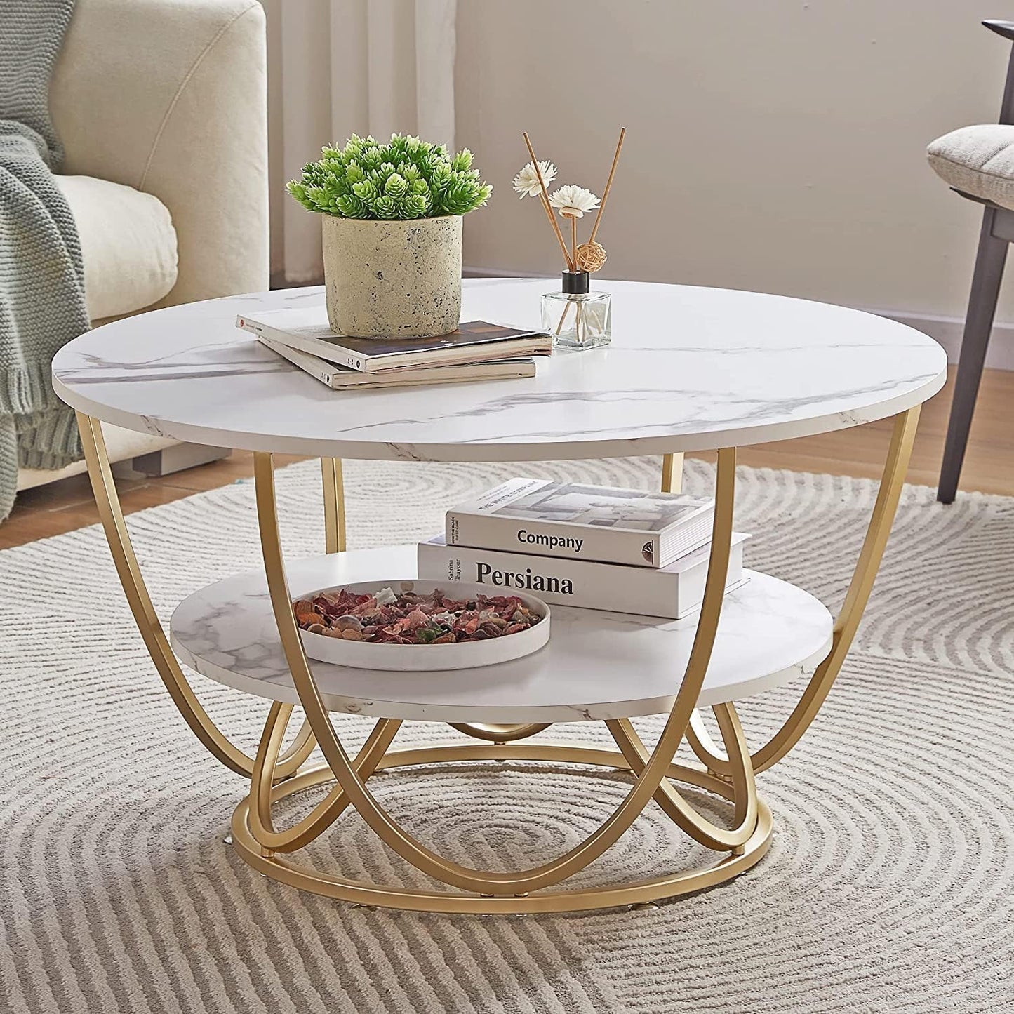 Coffee Table | Centre Table | Living Room Table Round Table 2 White Top Gold Frame