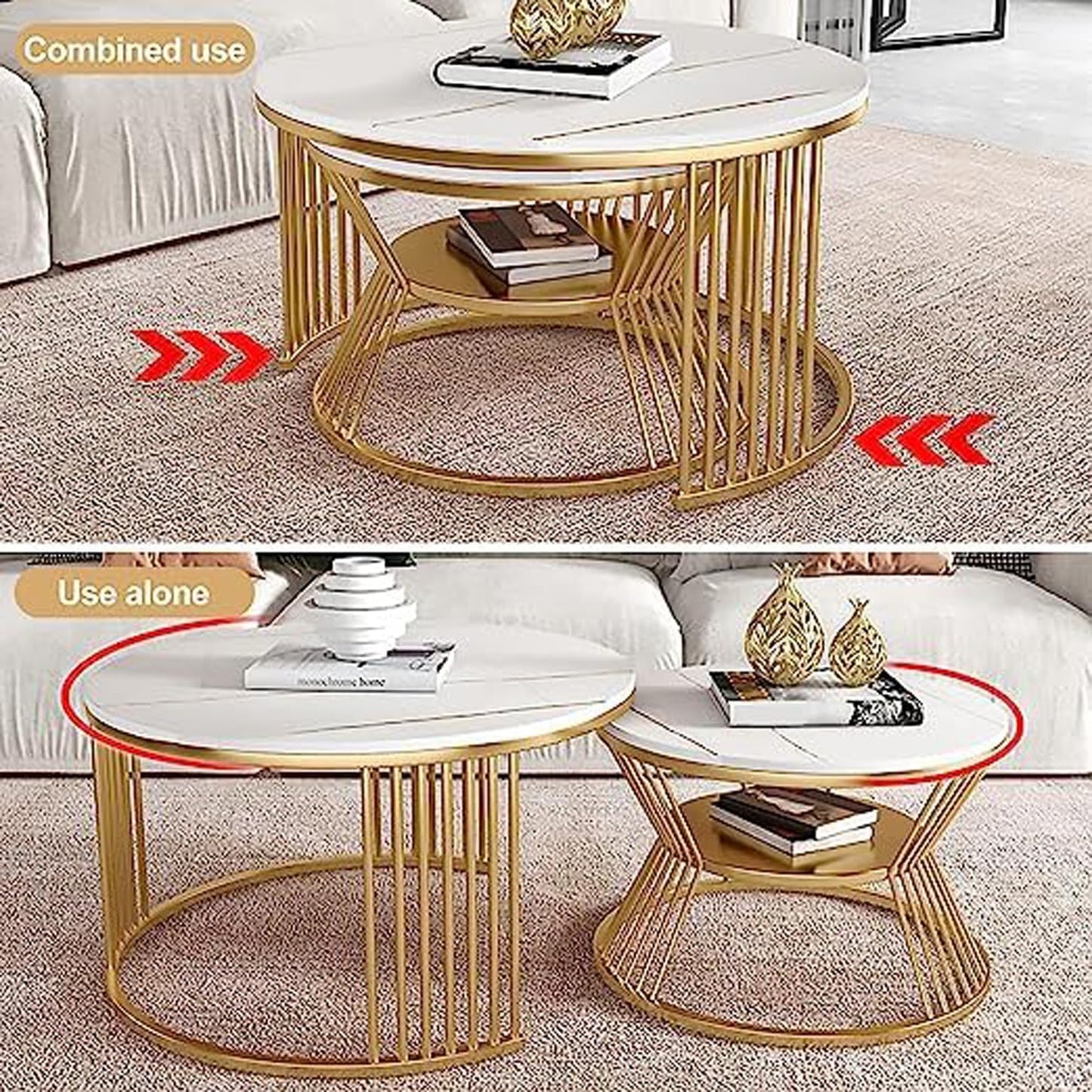 Coffee Table & Small Bed Side Table Golden Metal Base White Wooden Top for Home Decor