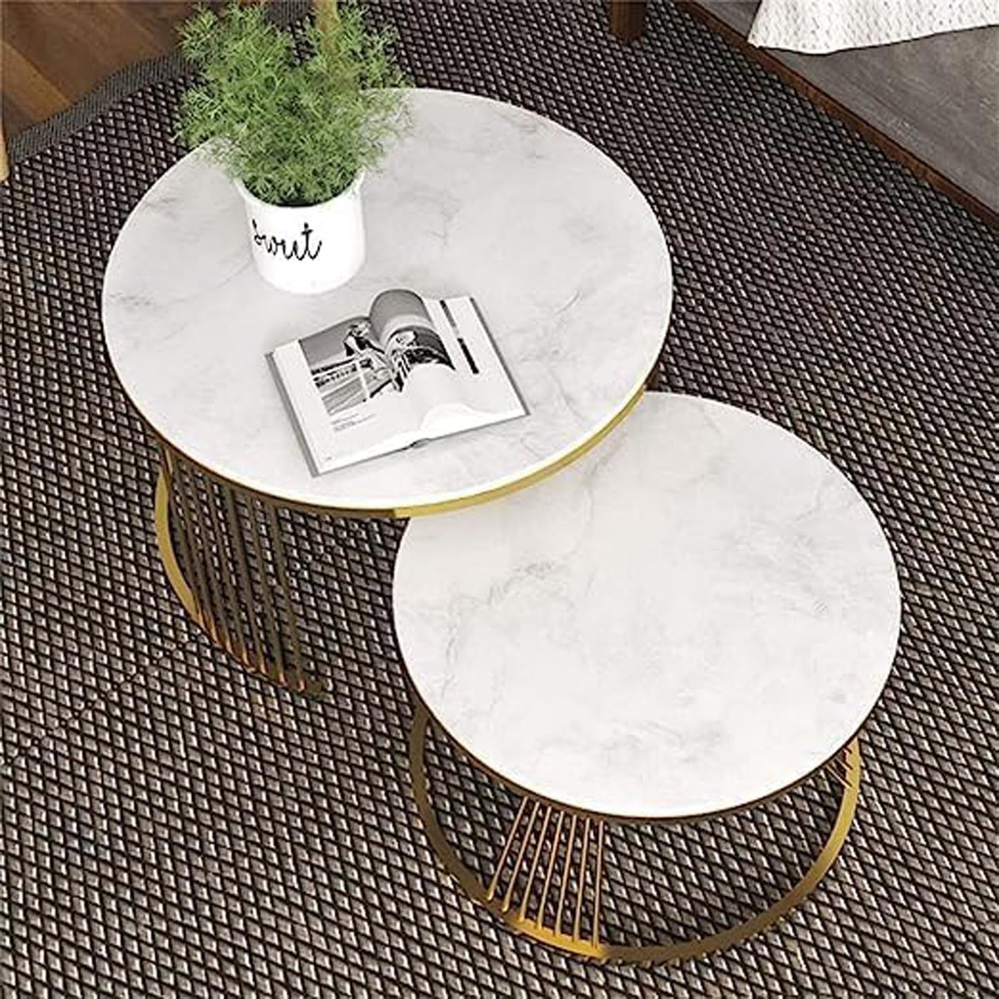 Coffee Table & Small Bed Side Table Golden Metal Base White Wooden Top for Home Decor