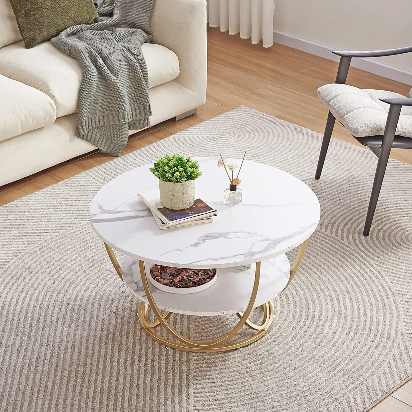 Coffee Table | Centre Table | Living Room Table Round Table 2 White Top Gold Frame