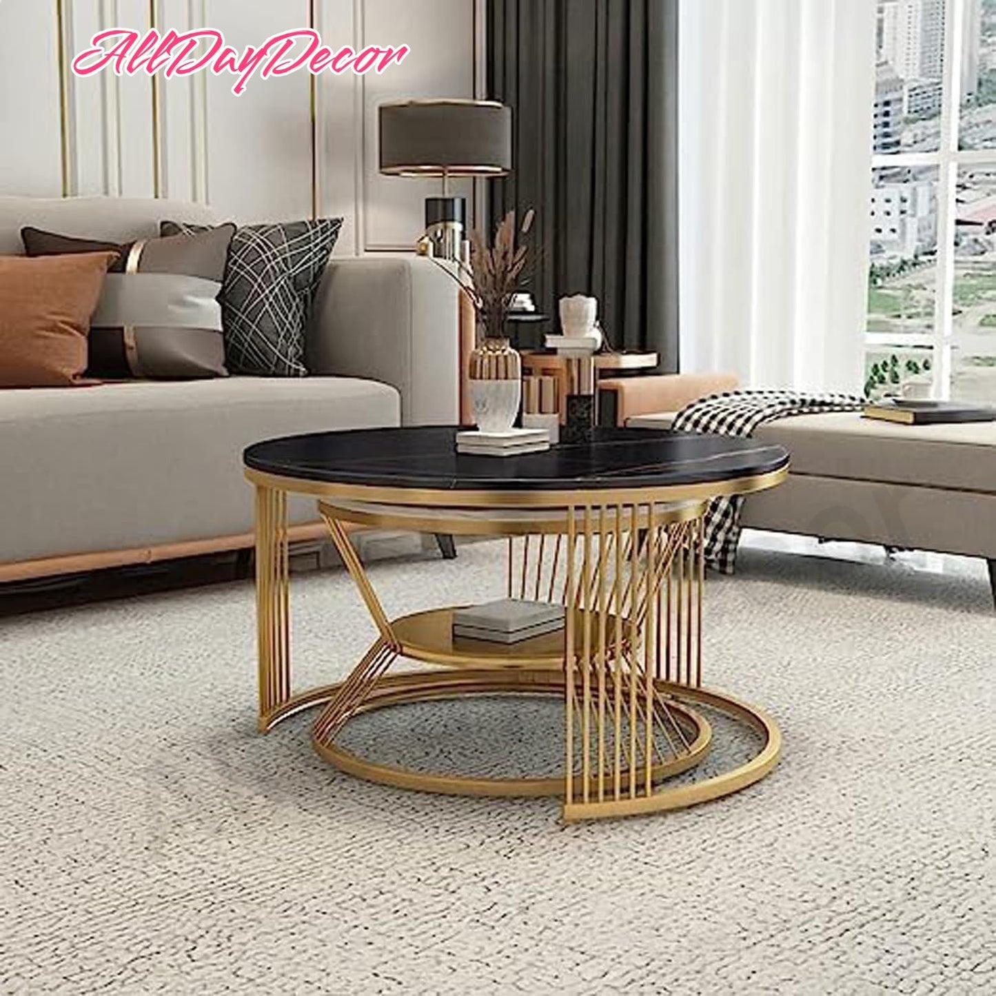 Modern Nesting Table Set -Marble Design Wooden Top with Gold Metal Frame