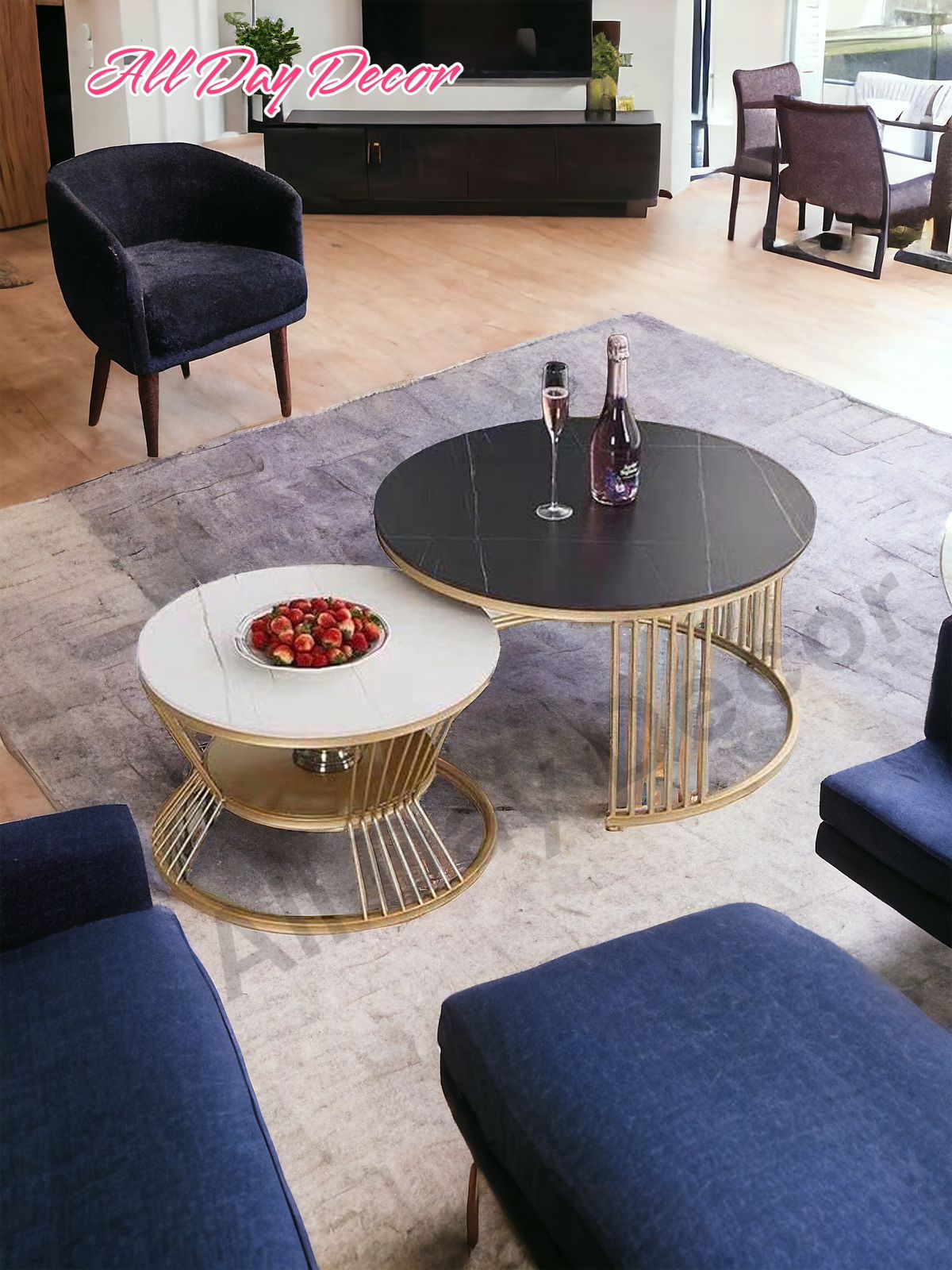 Modern Nesting Table Set -Marble Design Wooden Top with Gold Metal Frame