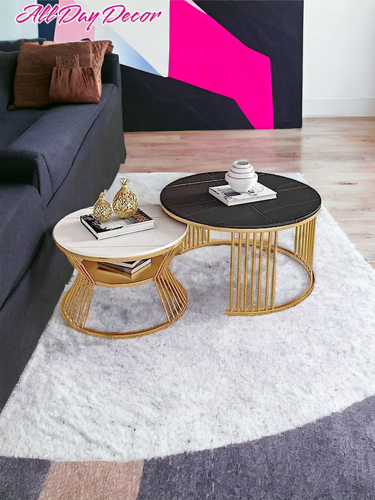 Modern Nesting Table Set -Marble Design Wooden Top with Gold Metal Frame