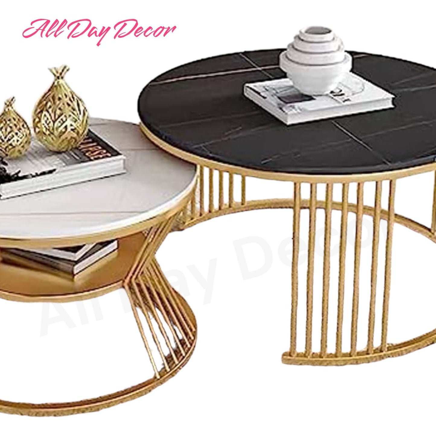 Modern Nesting Table Set -Marble Design Wooden Top with Gold Metal Frame