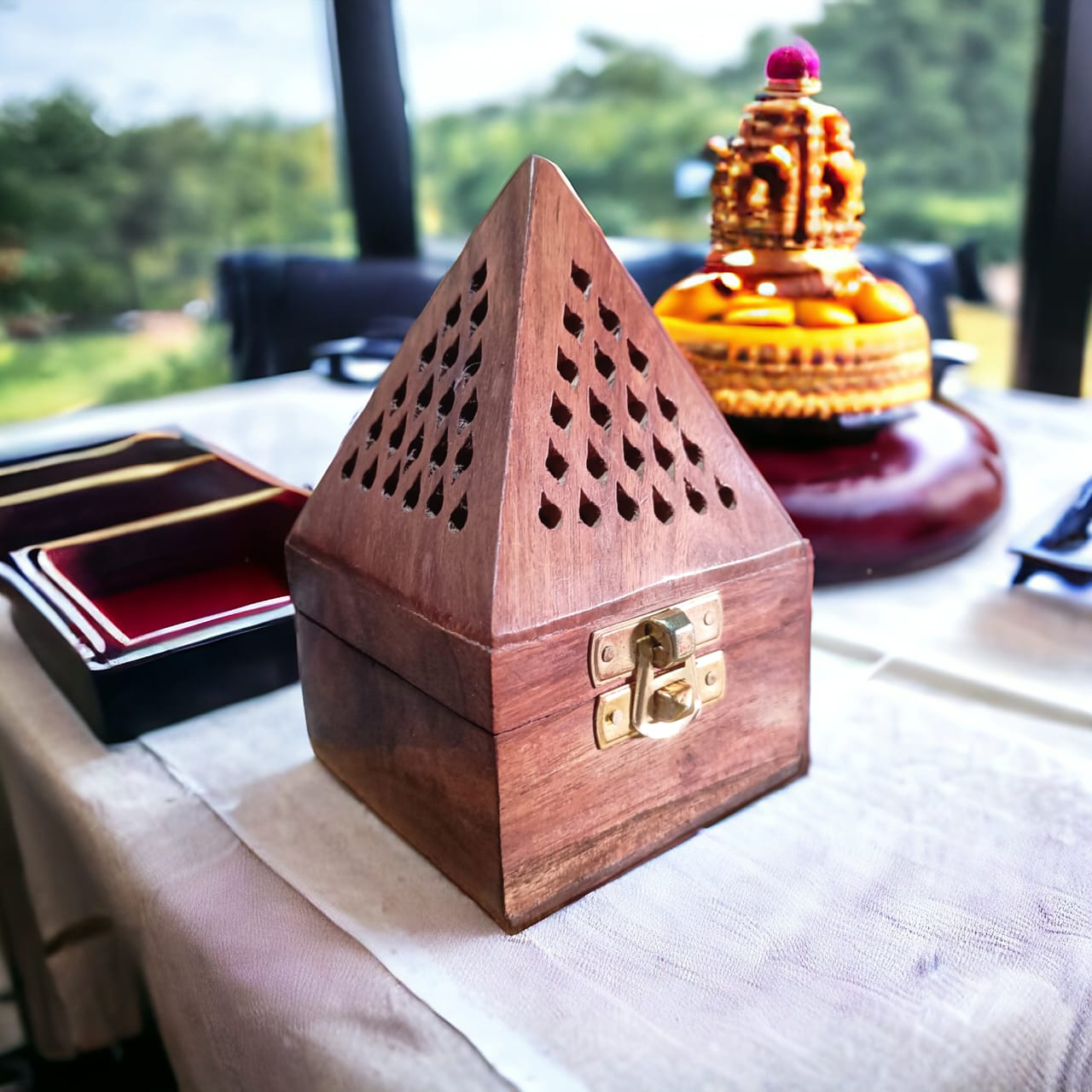 Rosewood Incense Holder Pyramid Box Fragrance Stand Holder Ash Catcher Handcrafted Traditional Design for Aromatic Rituals