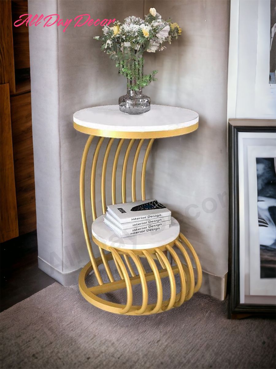 Coffee Table and Small Bed Side Tables White Marble Top and Gold Metal Frame