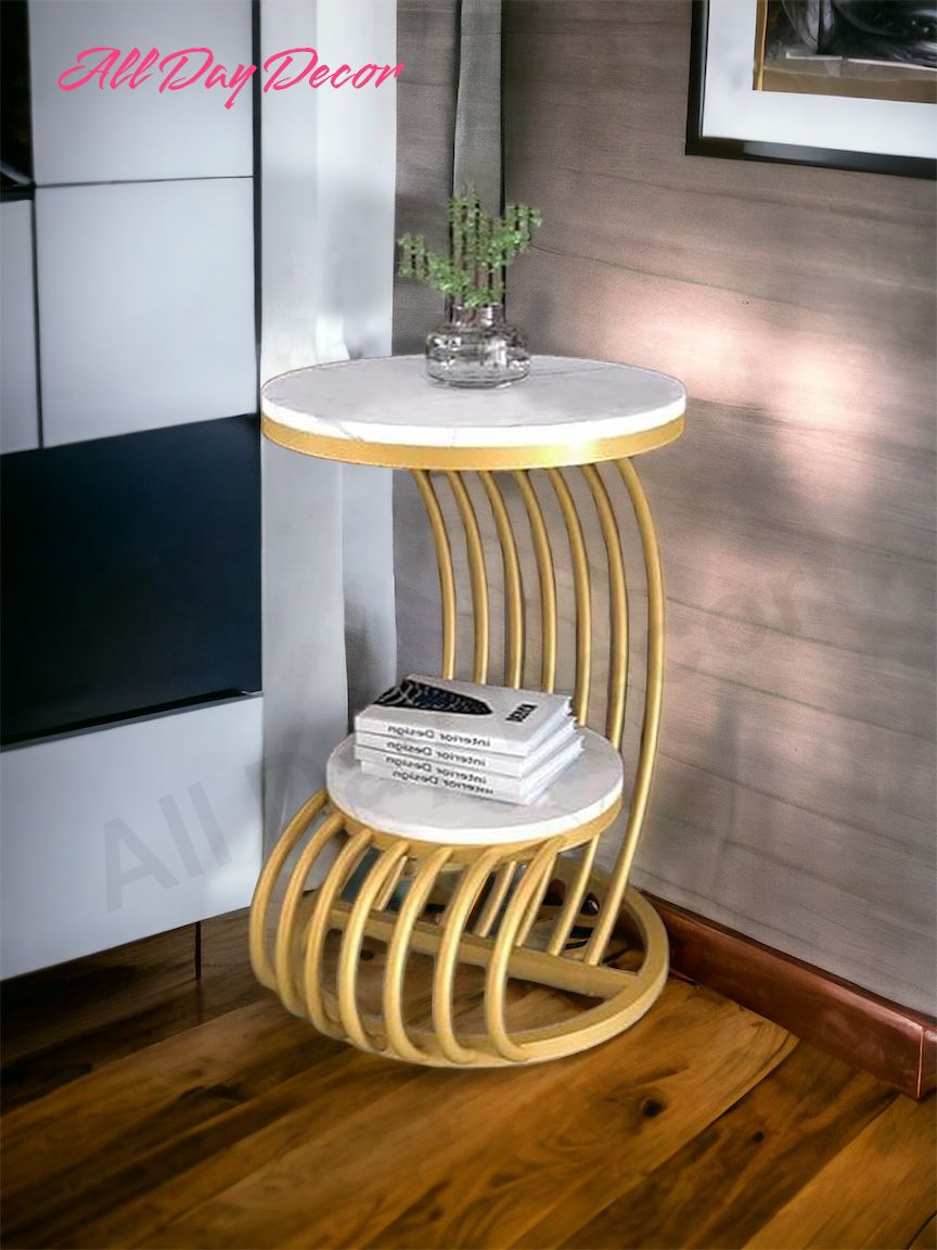 Coffee Table and Small Bed Side Tables White Marble Top and Gold Metal Frame