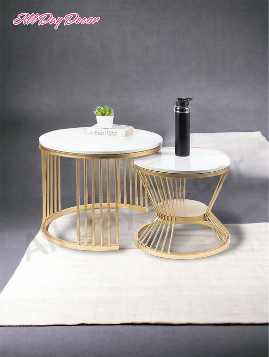 Coffee Table & Small Bed Side Table Golden Metal Base White Wooden Top for Home Decor