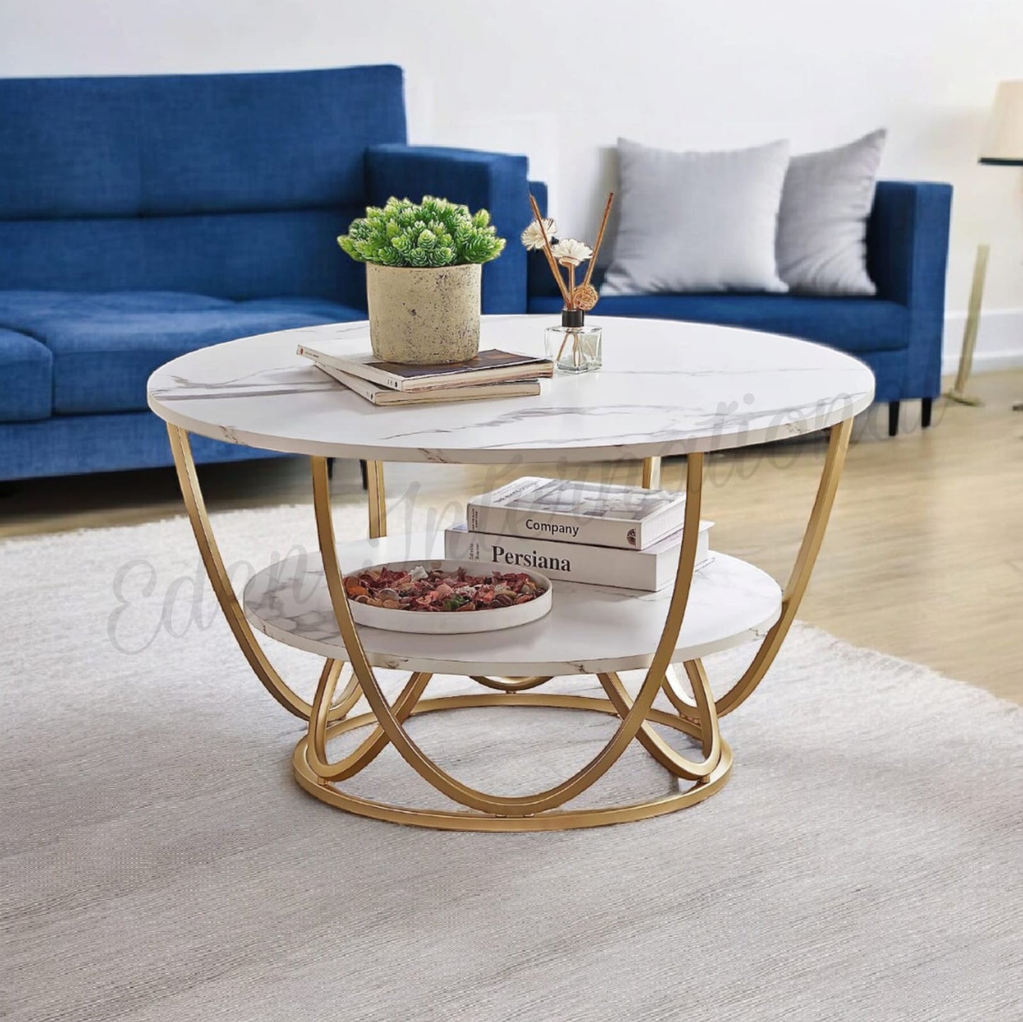 Coffee Table | Centre Table | Living Room Table Round Table 2 White Top Gold Frame