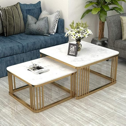 Square Nesting Table Set with White Marble Wooden Top and Gold Metal Frame