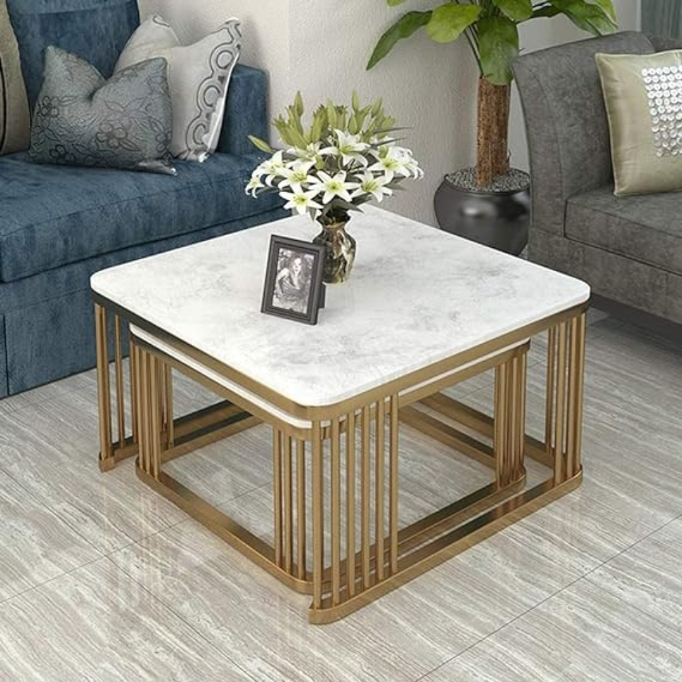 Square Nesting Table Set with White Marble Wooden Top and Gold Metal Frame