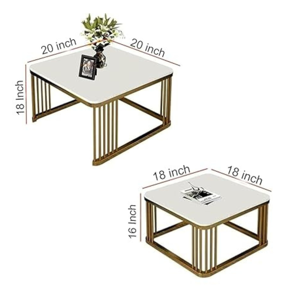 Square Nesting Table Set with White Marble Wooden Top and Gold Metal Frame