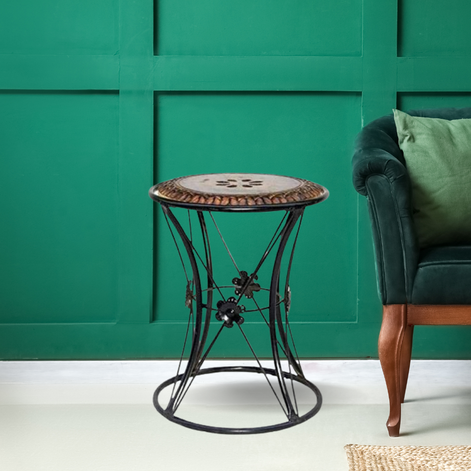 Decorative Wooden and Metal Side Table with Floral Design