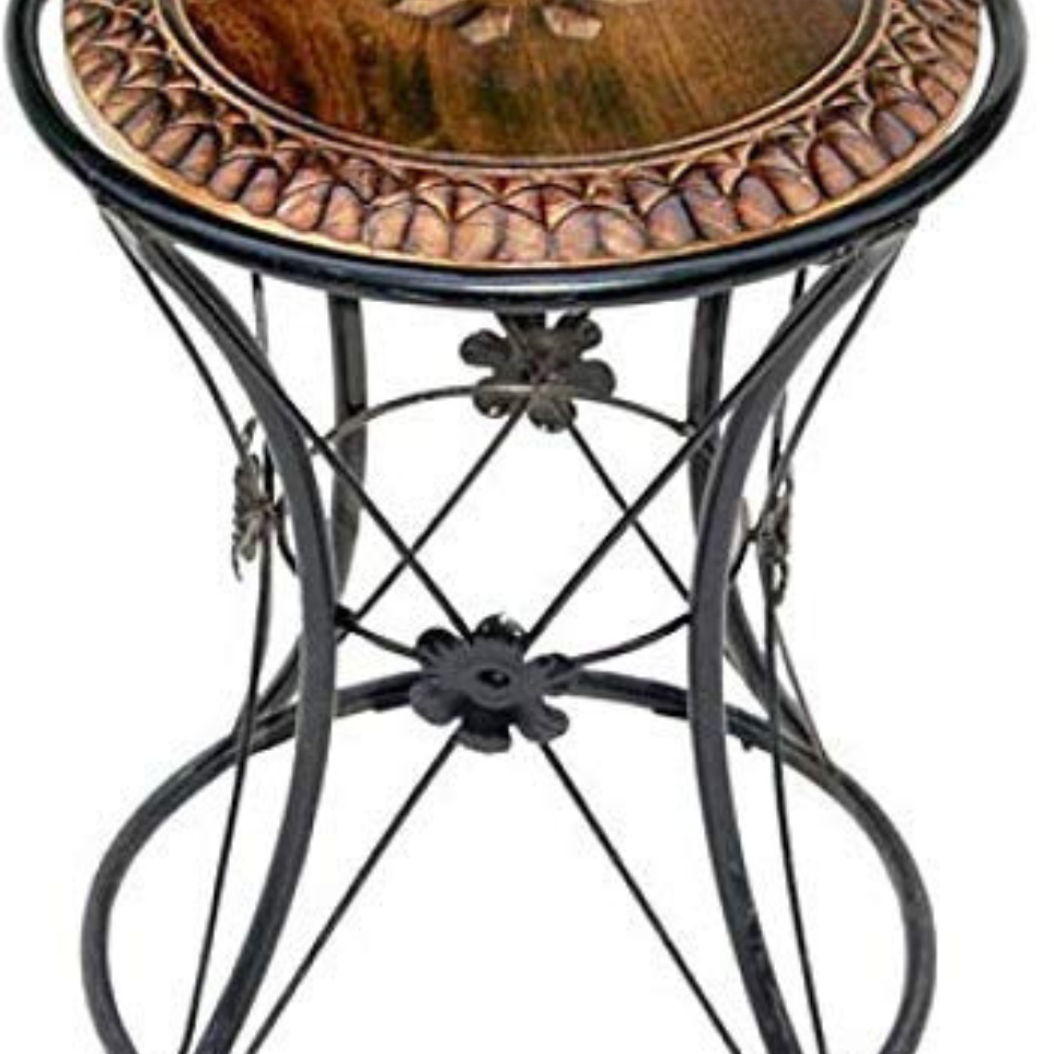 Decorative Wooden and Metal Side Table with Floral Design