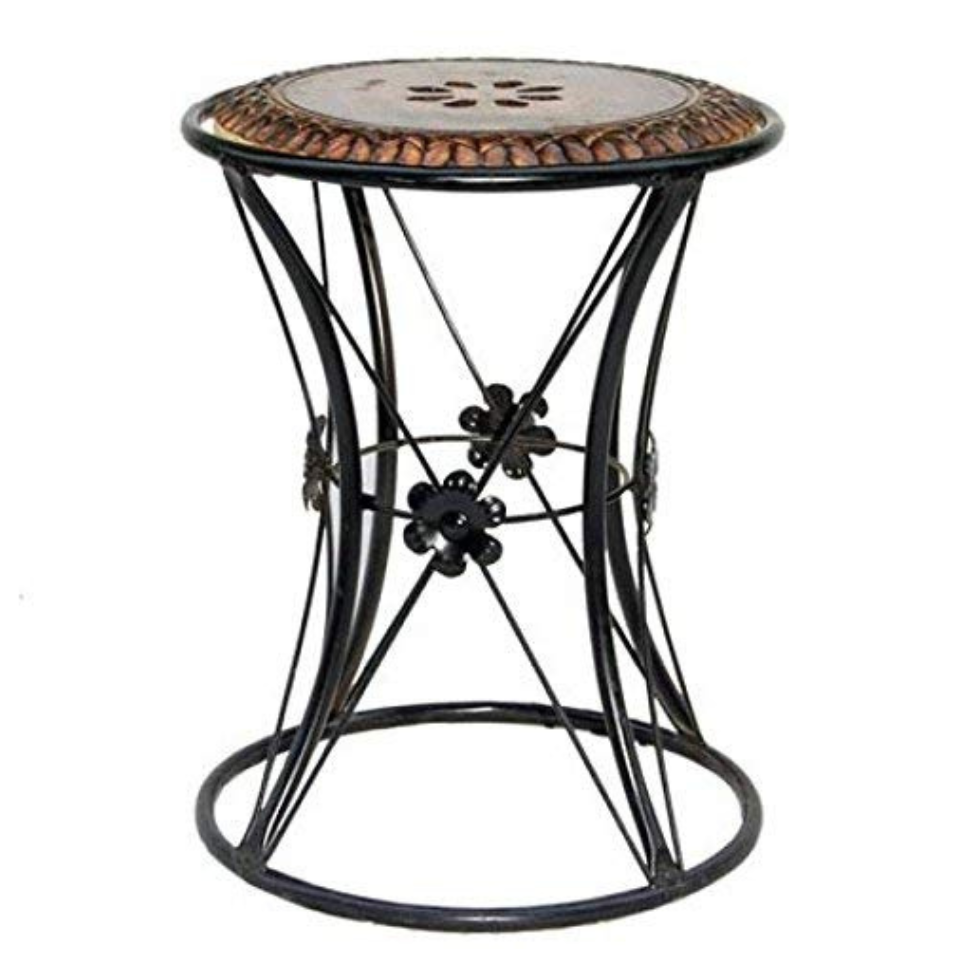 Decorative Wooden and Metal Side Table with Floral Design