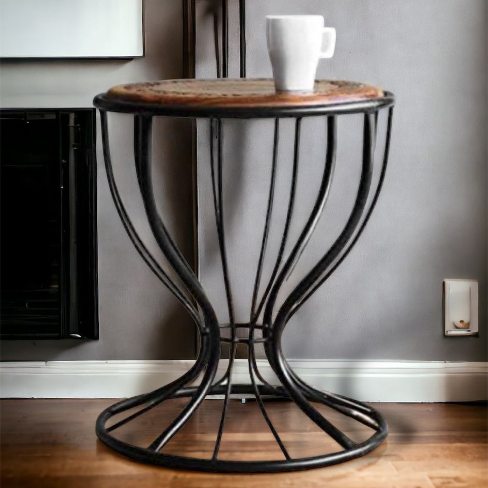 Handicraft Metal & Wooden Stool Cup Shape Frame Side Table for Living Room